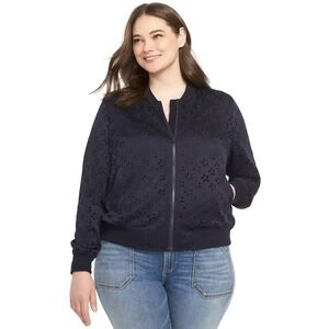 Lane Bryant Plus Size Navy Blue Floral Eyelet Front Zip Bomber Jacket 1X